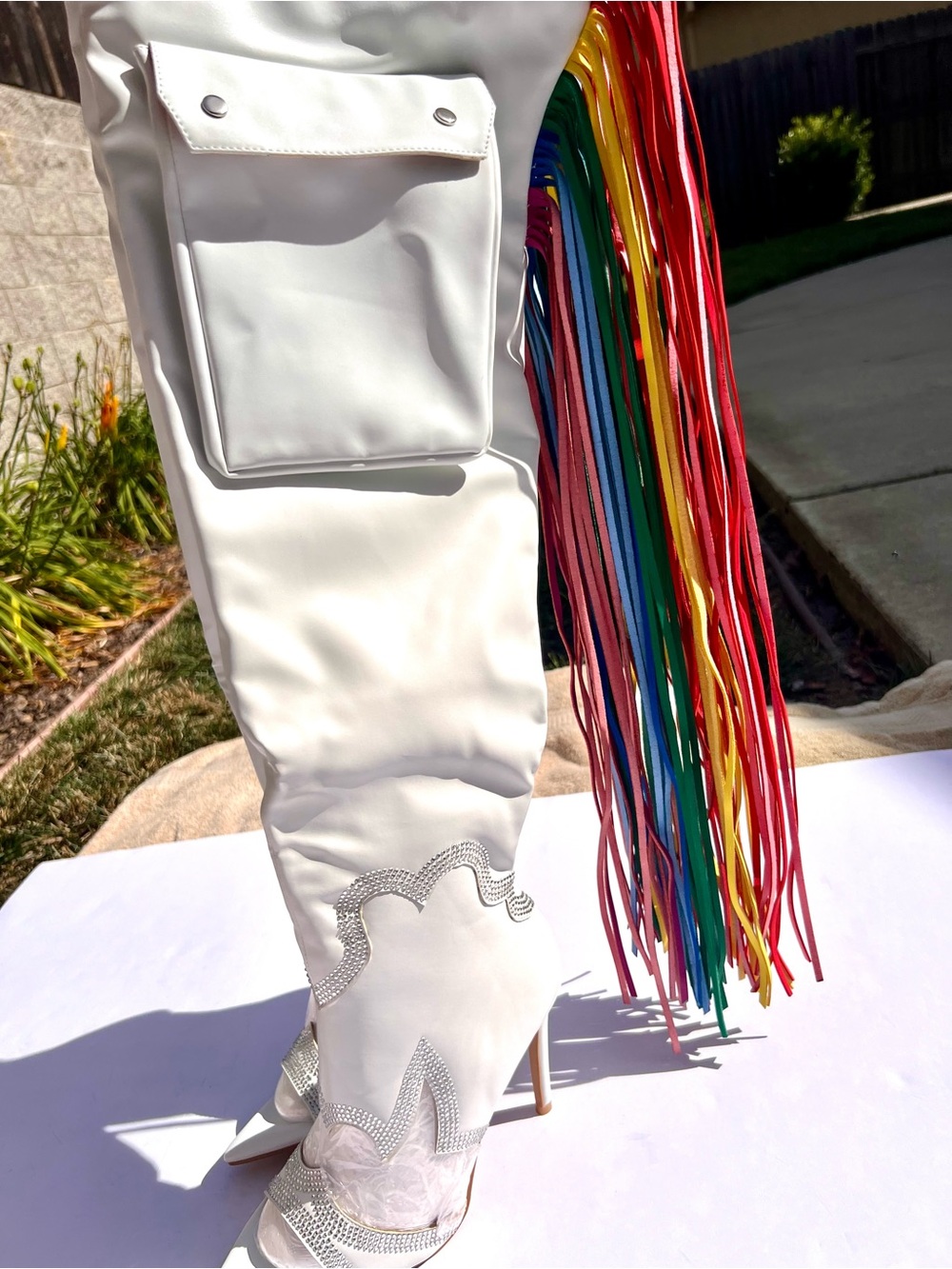 Unicorn Fringe Thigh-High Boots - Open Toe Stiletto 5” Colorful Rainbow Fringe